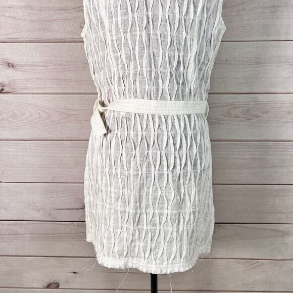 100% Capri Mini Dress Sleeveless Belted Raw Hem Linen - Picture 8 of 11